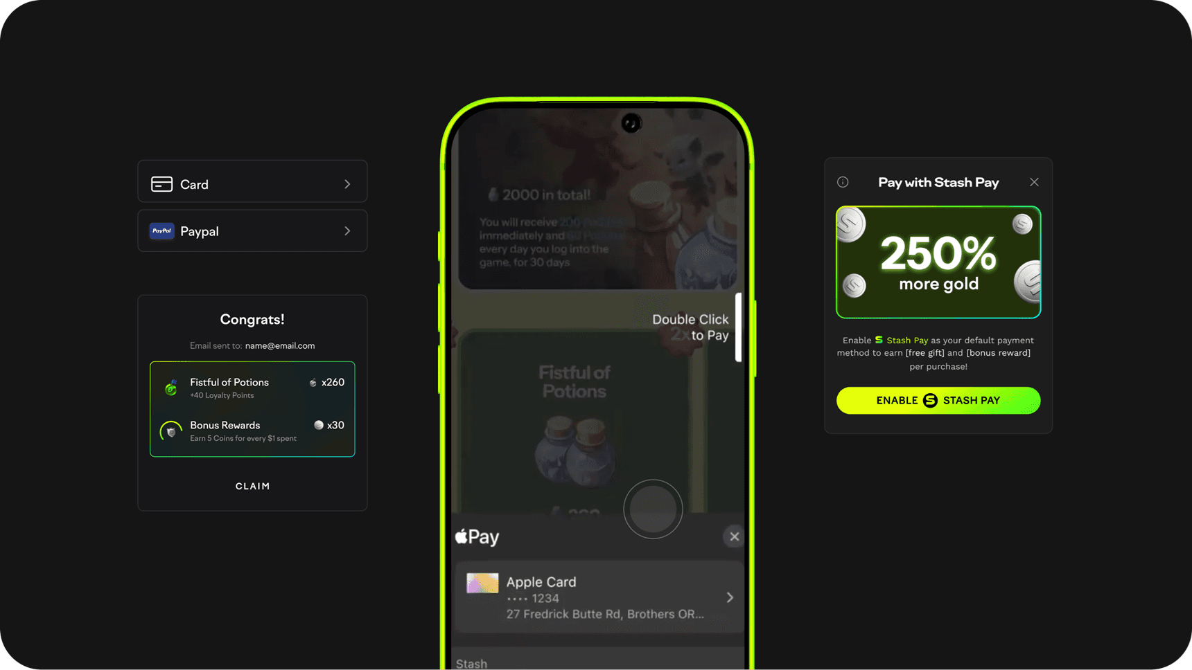 Stash Pay checkout highlights in dark mode