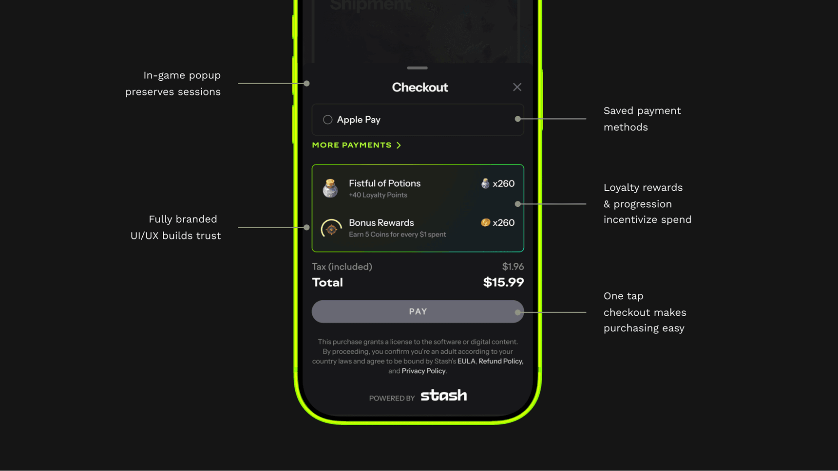 Stash Pay checkout highlights in dark mode