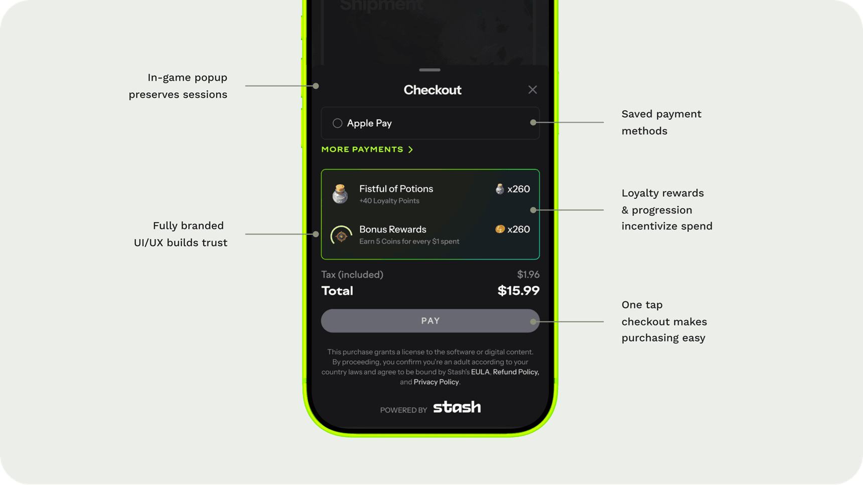 Stash Pay checkout highlights in light mode