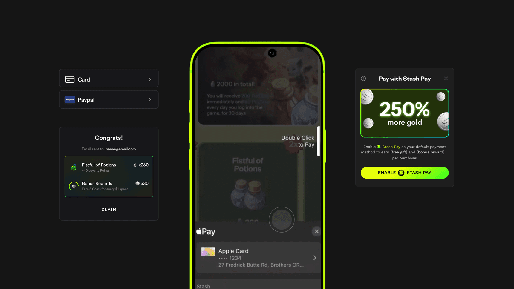 Stash Pay checkout highlights in dark mode
