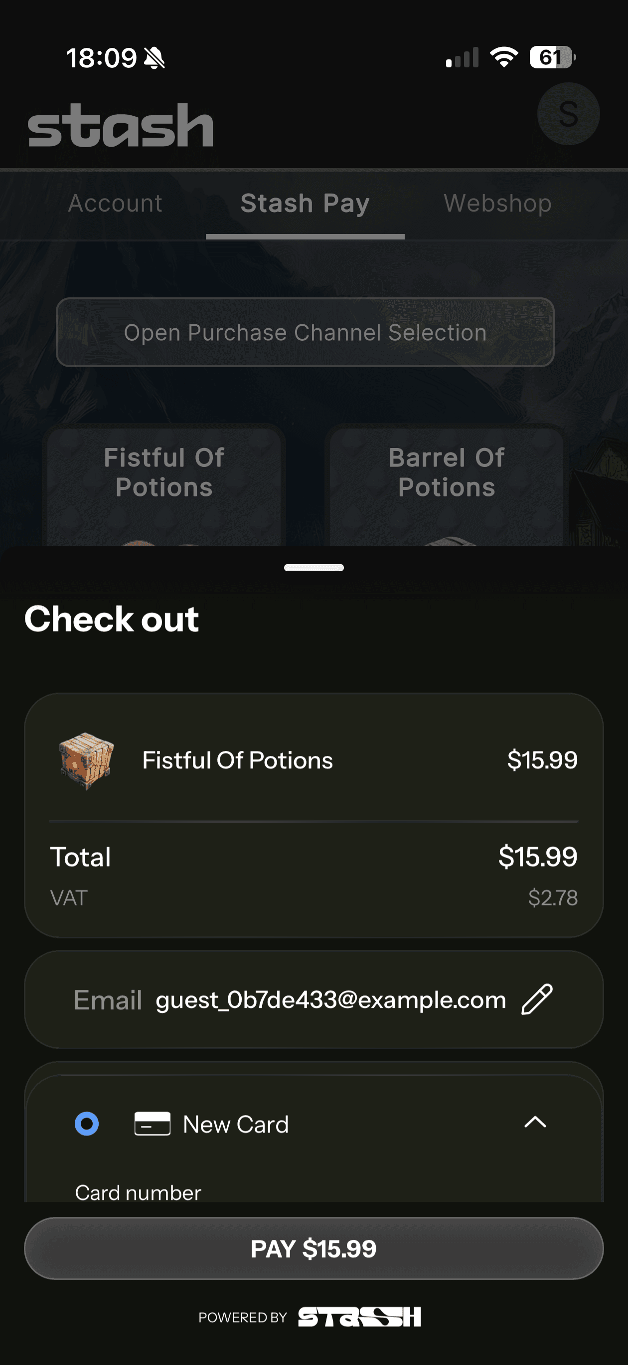 Stash Pay dialog on iOS